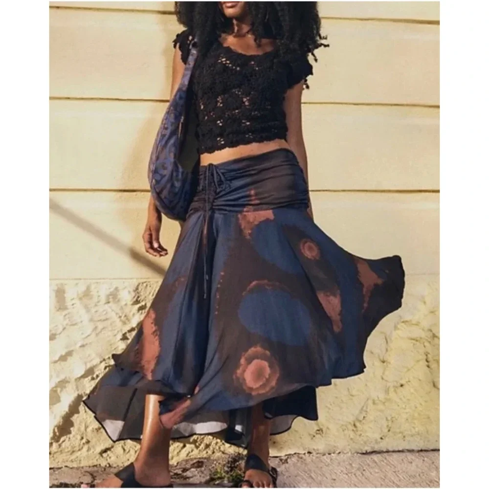 FREE PEOPLE HOUSE OF AAMA STARRY EYES TIE DYE ASYMMETRIC MIDI SKIRT BOHO SZ S